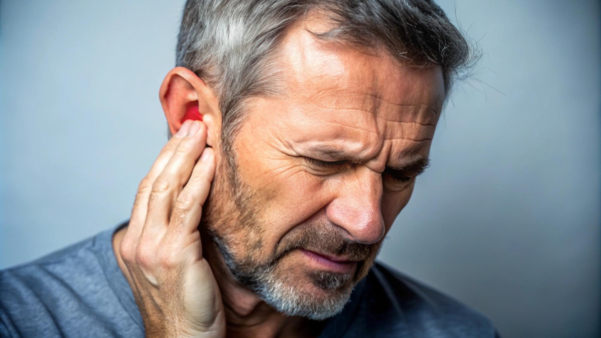 Homme souffrant d'acouphènes, tenant son oreille avec une expression de gêne et de douleur.