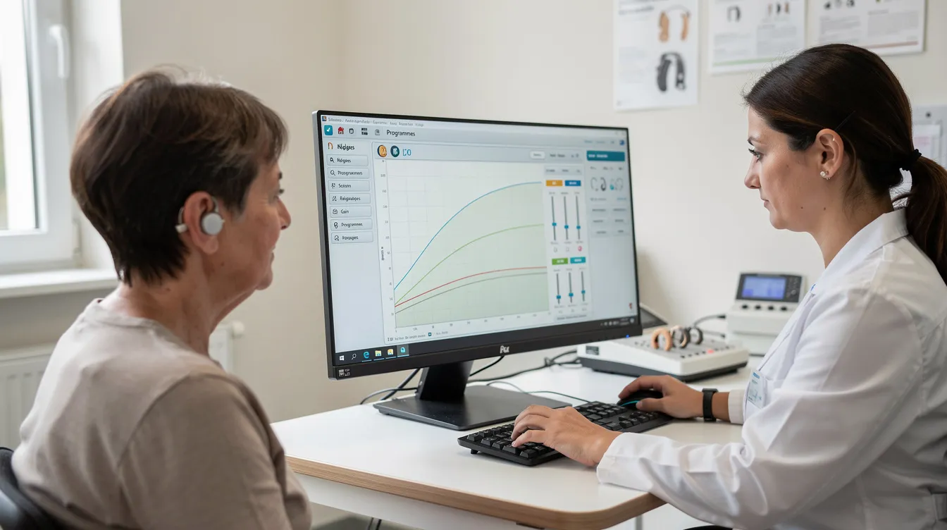 Un audioprothésiste effectue un réglage d'un appareil auditif sur un écran, utilisant des outils technologiques pour optimiser l'audioprothèse pour ses patients. Cette scène illustre les évolutions récentes dans le secteur de l'audioprothèse en France, mettant en avant l'importance des aides auditives pour améliorer la qualité de vie des individus souffrant de perte auditive.