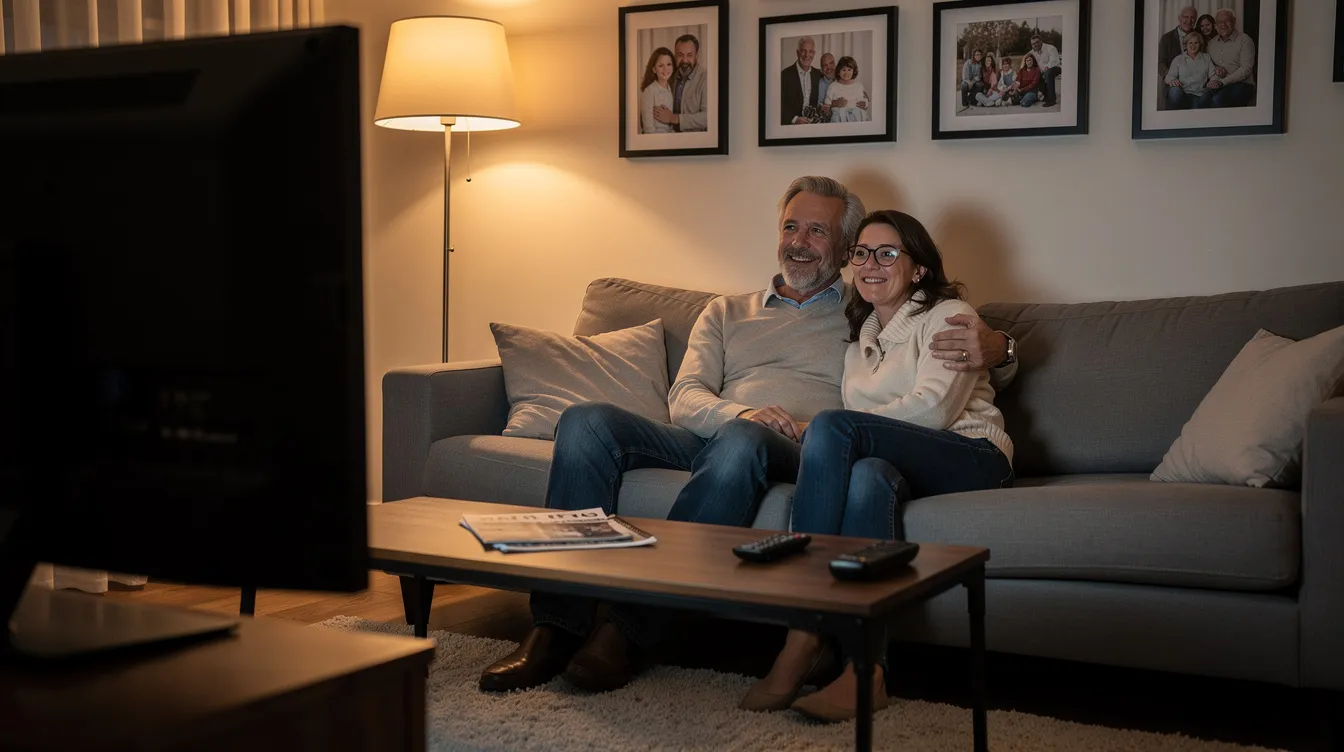 Un couple d'âge mûr est assis ensemble sur un canapé dans leur salon, regardant la télévision. Ils semblent profiter d'un moment de complicité, illustrant la vie quotidienne des personnes pouvant faire face à des questions liées à l'audition et à la perte auditive, souvent associées au vieillissement.