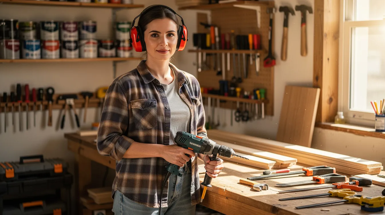 Une personne portant des protections auditives se trouve dans un atelier de bricolage, entourée d'outils et de matériaux. Cette précaution est essentielle pour préserver son audition et éviter des troubles de l'audition liés à l'exposition au bruit.