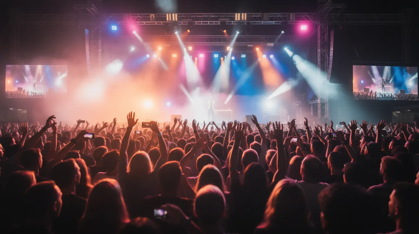 Une foule enthousiaste assiste à un concert, entourée de lumières colorées qui créent une ambiance festive. Les bruits forts de la musique peuvent provoquer des acouphènes, une sensation de bourdonnements dans l'oreille, ce qui rappelle l'importance de protéger son audition dans de tels environnements.