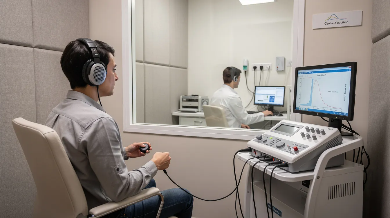 Une personne passe un test auditif en portant un casque, assise confortablement dans un cabinet d'audioprothésiste. Ce bilan auditif permet d'évaluer l'acuité auditive et de détecter d'éventuels troubles de l'audition liés à l'âge.