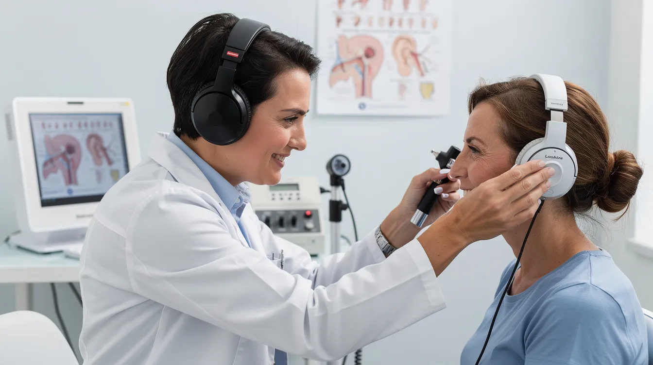Un médecin ORL examine attentivement un patient souriant, mettant en lumière les premiers signes d'une perte auditive. L'atmosphère est détendue, soulignant l'importance de la prise en charge des troubles de l'audition pour améliorer la qualité de vie.