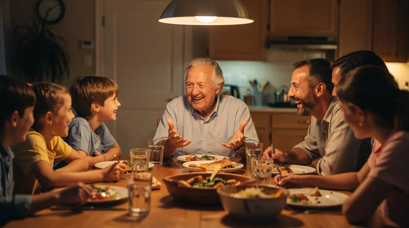Une personne âgée participe à une conversation animée avec sa famille autour d'une table de repas, illustrant l'importance des interactions sociales pour la qualité de vie, même face aux premiers signes d'une perte auditive. Les rires et les échanges chaleureux montrent un moment de partage familial, essentiel pour le bien-être.