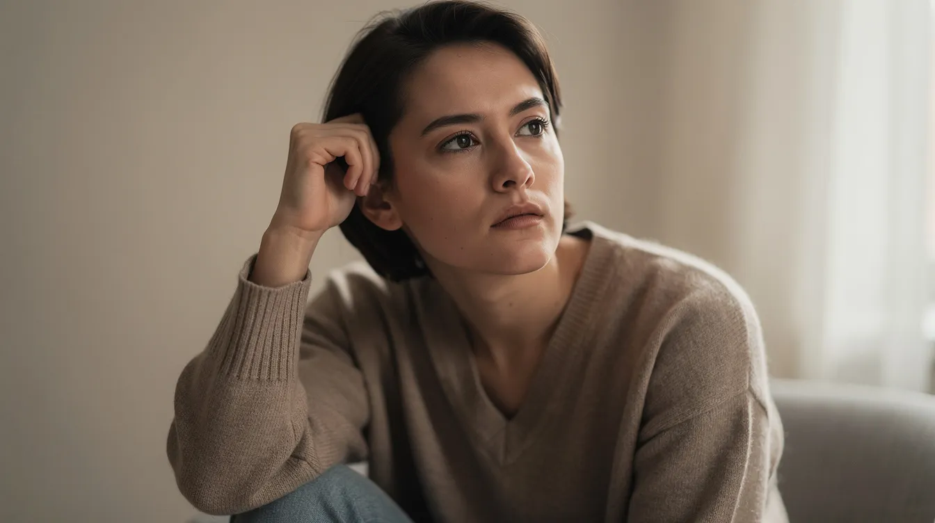 Une personne est assise dans un environnement calme, la main près de l'oreille, avec une expression pensive qui évoque une réflexion sur les acouphènes et leurs causes possibles. L'image suggère une préoccupation pour la santé auditive et la qualité de vie, soulignant l'importance de consulter un médecin en cas de symptômes tels que des bourdonnements ou des sifflements.