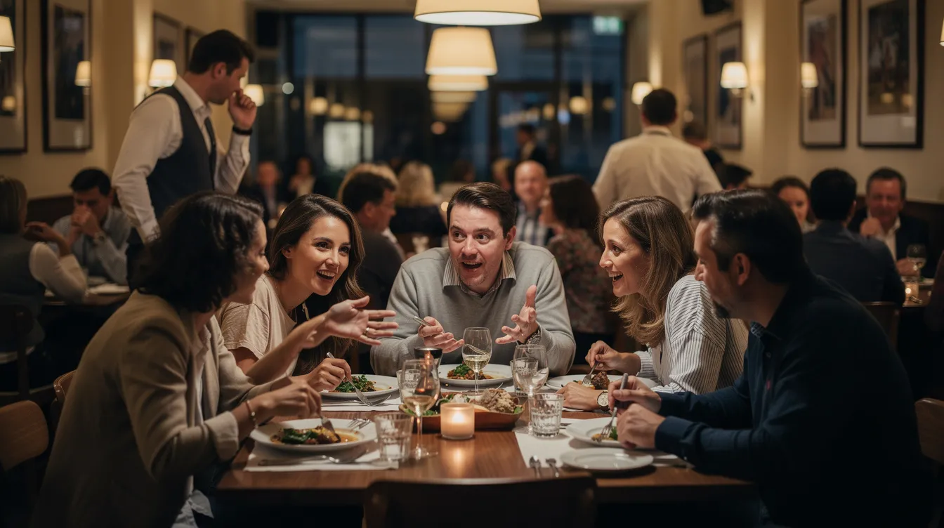 Un groupe de personnes discute dans un restaurant animé, entouré de bruits de fond et de conversations. Cette scène illustre les défis quotidiens que peuvent rencontrer ceux qui présentent des signes d'une perte auditive, rendant la communication plus difficile dans des situations bruyantes.