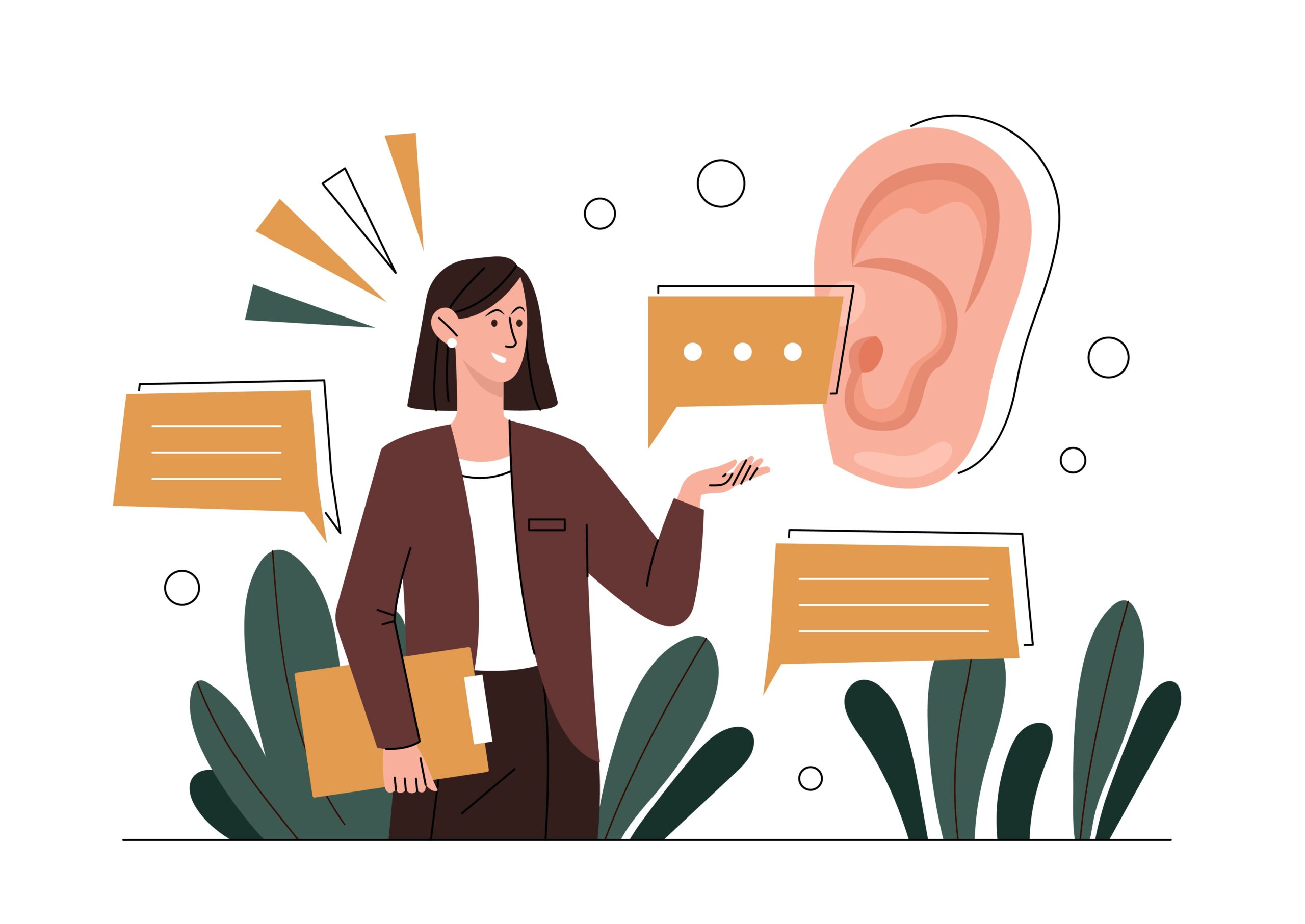 Concept d’écoute active. Personnage attentif, bonnes manières, étiquette et courtoisie. Jeune fille à côté d’une grande oreille. Conversation, communication et collaboration. Illustration vectorielle plate de style cartoon
